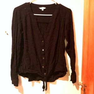 Candie’s Black Cotton Button-Down Tie Front Shirt | Size: L